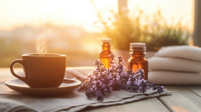 Peaceful evening workspace with laptop, coffee, and aromatherapy essentials in soft sunset light, ideal for relaxation and mindfulness themes.