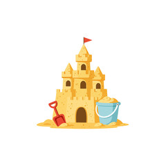 Building Sandcastle with Bucket and Shovel on Beach Summer Fun
