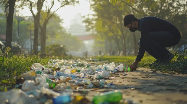 A masked volunteer tidying up trash along a pathway in a city park