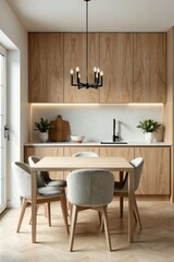 Fototapeta premium Modern Minimalist Kitchen Dining Area with Light Wood Cabinets and a Six-Light Chandelier