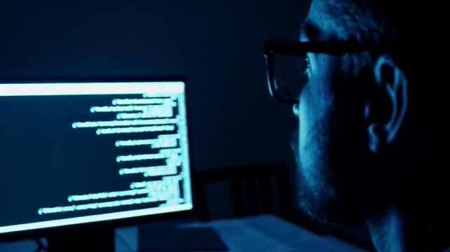 Male programmer working at a computer screen, coding, cybersecurity, night shift tech, software development