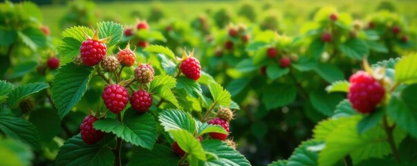 Obraz premium A field of raspberry bushes with lush green leaves, foliage, fruiting, botanical