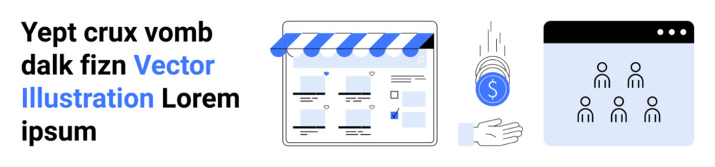 Ecommerce site screen, hand holding currency, and team icons on a webpage. Ideal for digital shopping, monetary exchanges, teamwork projects, business solutions, fintech, team management website