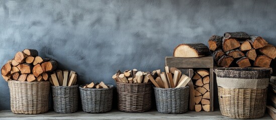 Various baskets stacked with firewood against a textured wall featuring ample empty space for customizable text or graphic design elements.