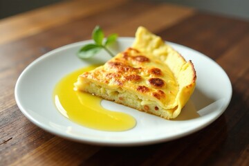 A golden-brown baked dish, served on a white plate with a drizzle of oil and a sprig of herbs, rests on a rustic wooden surface.