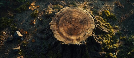 Fototapeta premium Tree stump top view showcasing natural textures and growth rings in a forest setting with surrounding vegetation and soil.