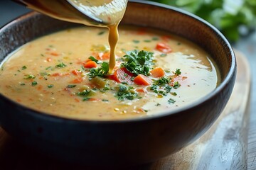 A close-up of a creamy vegetable soup being poured into a bowl, capturing the rich texture and color of the soup, with a sprinkle of fresh herbs on top.