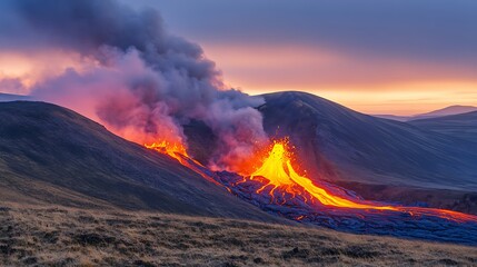 Fototapeta premium Volcanic eruption at sunset, lava flowing down mountainside