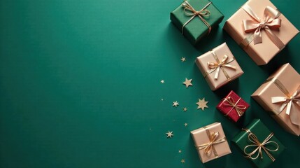 Elegant Wrapped Presents on Festive Green Background with Golden Stars