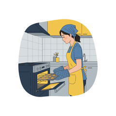 Woman Baking Cookies in Oven at Home Kitchen Illustration