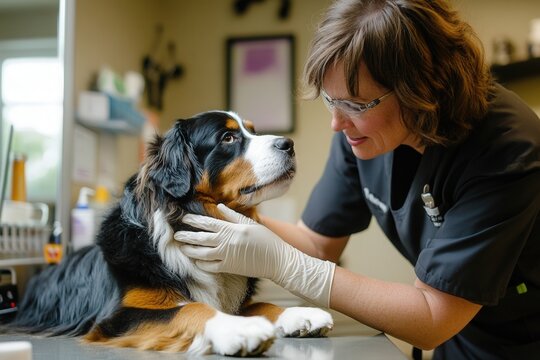 Professional photo of a pet groomer wearing latex gloves, carefully inspecting a dogs paw for hygiene, showcasing attention to professional care 