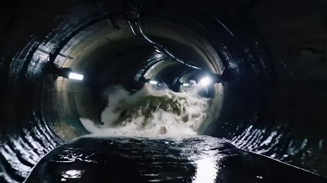 Underground sewer tunnel with water flow, urban infrastructure, engineering, wastewater management system, city maintenance