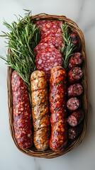 This image captures a beautiful arrangement of sausages intertwined with rosemary and sliced pieces on display, emphasizing rustic charm and inviting taste sensations.