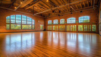 Expansive, sunlit interior of a renovated brick warehouse, featuring gleaming hardwood floors and large arched windows. Ideal for events, gatherings, or showcasing architectural design.