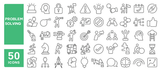 Set of 50 line icons related to problem solving, solution, skills, issue, thinking, ideas, help, search, opinion, target, result, resolve, Editable stroke. Vector illustration