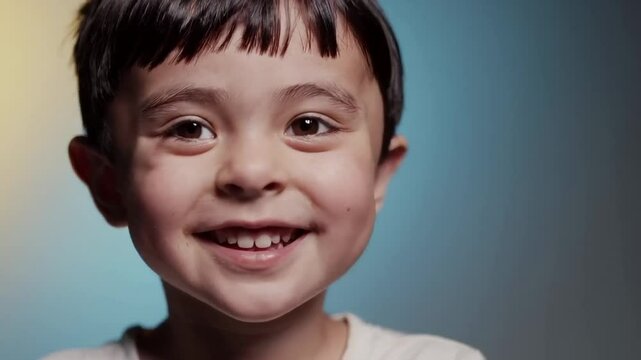 Smiling young boy with dark hair against blue background, happiness and childhood joy concept