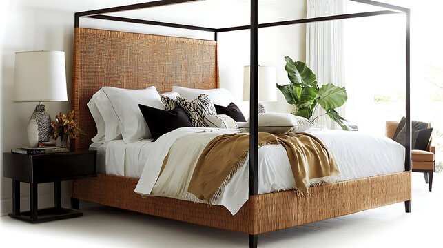 A bed with a canopy and a plant on top of it. generated using AI