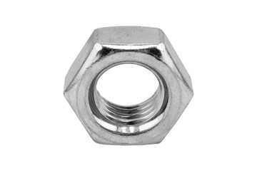 Macro shot metal nut isolated on white background. Chromed screw nut isolated. Steel nut isolated. Nuts and bolts.