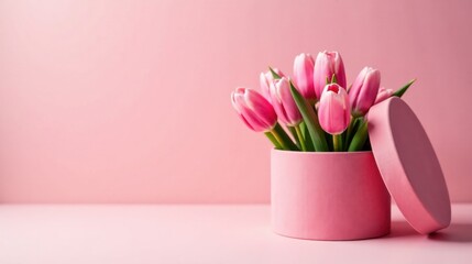 Obraz premium A Delicate Pink Bouquet of Spring Tulips in a Matching Gift Box on a Soft Pink Background