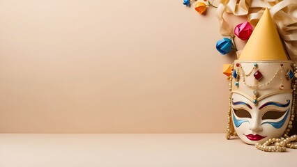 Obraz premium Purim banner with empty space Without Text, Beige Minimal background, holiday banner poster background for advertisement ads