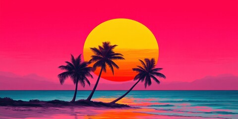 Obraz premium Vibrant sunset over tropical beach with palms retrowave aesthetic digital artwork serene ocean stunning
