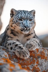 Obraz premium Majestic Snow Leopard Resting on a Rocky Outcrop