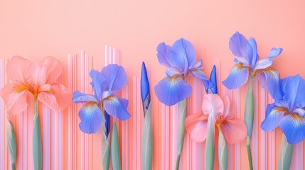 Obraz premium Vibrant spring flat lay featuring colorful iris flowers on a soft pink backdrop ideal for text placement and floral-themed designs