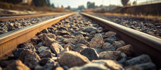 Close-up texture of railway stones along tracks showcasing natural elements and depth in a rural setting.