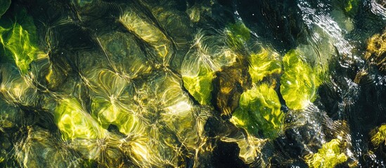 Naklejka premium Underwater Algae Texture in Stream Flowing Over Weir Natural Water Environment and Light Reflections on Algae in Aquatic Setting