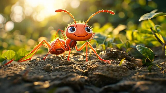 Happy cartoon ant on ground, nature background, children's book illustration