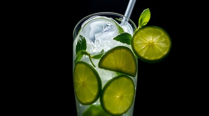Close-up view of mojito cocktail with straw in glass and lime slices on black, cocktail drinks concept