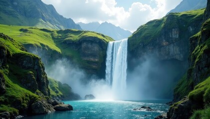 Misty veil surrounds alpine waterfall cascade, waterfall, Alps