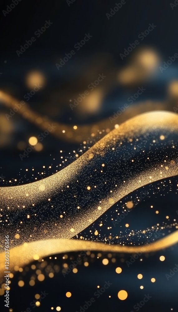 Poster Abstract Gold Light Trails with Sparkle on Black Background, Dynamic Festive Mood Photography