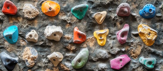 Sport climbing holds on textured rock wall surface colorful background for climbing training and gym environments