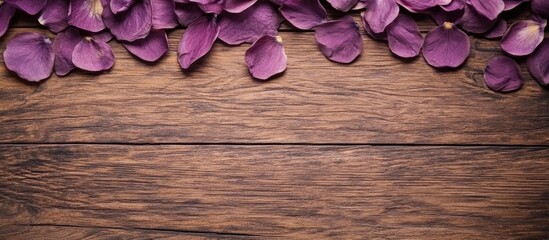 Purple flower petals scattered on rustic wooden surface with blank space for text or decoration in a serene floral composition