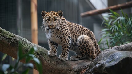 Obraz premium A leopard perched on a tree branch, its spotted fur blending with the bark.