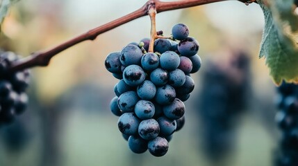 Close-up of a blue grape hanging in a vineyard, wide shot