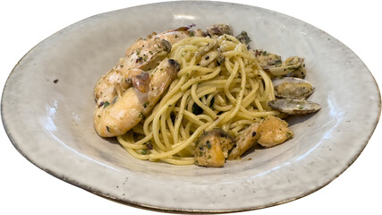 Seafood shrimp salmon fish calm shell spaghetti homemade aglio olio dish food side view isolated