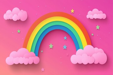 Colorful Rainbow Pink Clouds Stars Paper Cutout Style Illustration Dreamy Background