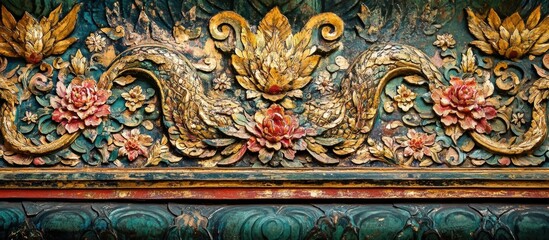Intricate Thai traditional ceiling art featuring floral and ornamental designs in a temple setting.