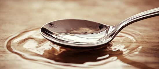 Metal Spoon Capturing Water Reflection on a Wooden Surface in Soft Natural Light