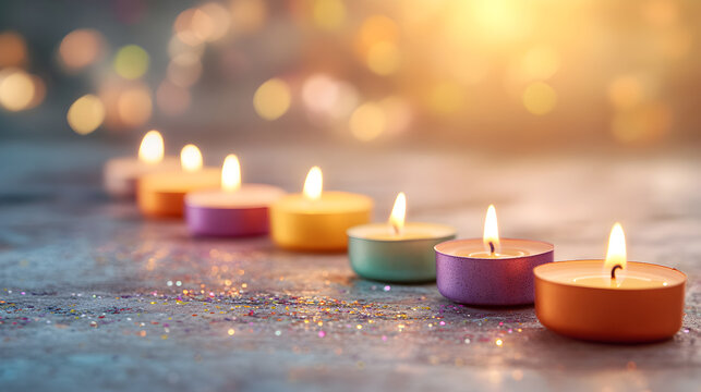 Row of colorful tealight candles burning with soft golden glow. Perfect for meditation visuals, festive decorations, and wellness branding. Selective focus