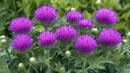 Obraz premium Vibrant Purple Thistle Blooms Abundantly in Summer's Garden, Showcasing Nature's Beauty