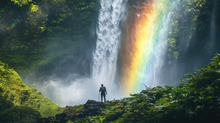 Man admires rainbow waterfall in lush jungle