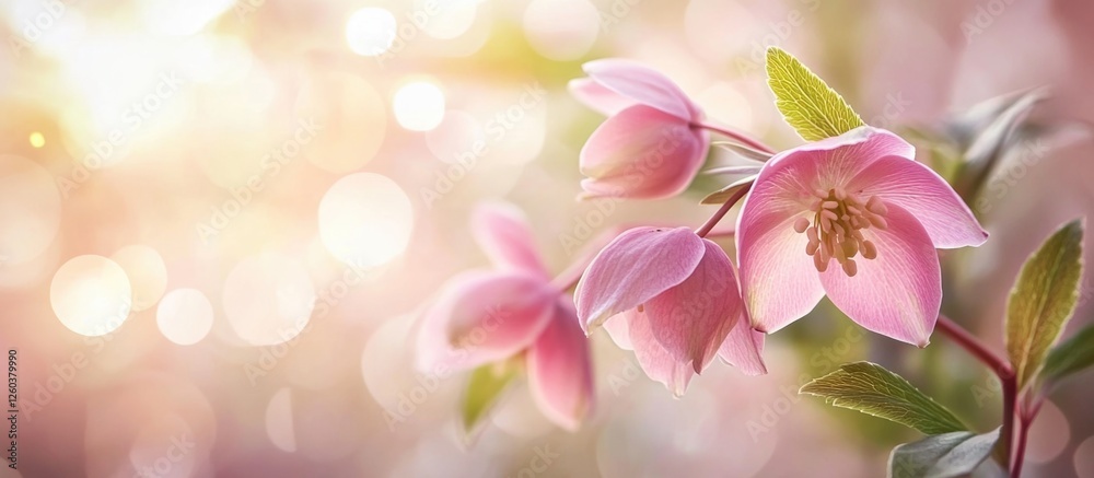 Wall mural blossoming hellebore flowers in soft pastel light with heart bokeh creating a serene spring atmosphe