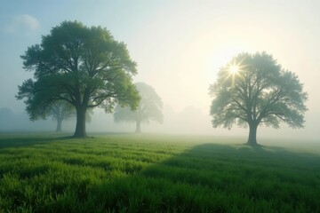 Fototapeta premium The trees of the meadow are veiled by a thick layer of fog, misty, natural