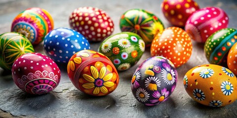 Fototapeta premium Charming tilt-shift image of cute, handmade wooden Easter eggs against a stylish gray concrete backdrop.
