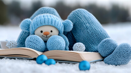 Cozy snowman reading book in snowy winter scene