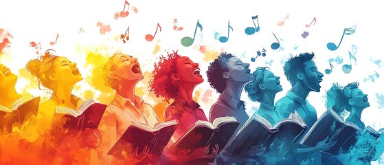 Expressive and colorful illustration of a diverse choir, music books open, radiant musical notes floating in the air, uplifting mood, detailed and intricate art, high resolution