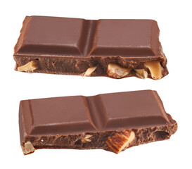 Several slices of dark chocolate with nuts, close-up, isolated on white.